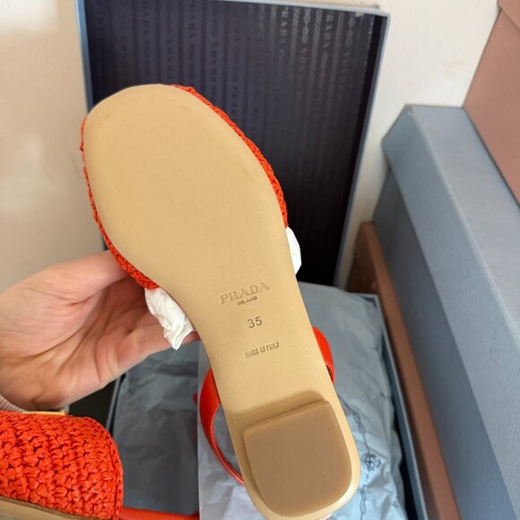 NWT Prada Flat Sandals Orange Crochet Raffia Ankle Lace Strap Sz 35 - Picture 7 of 7
